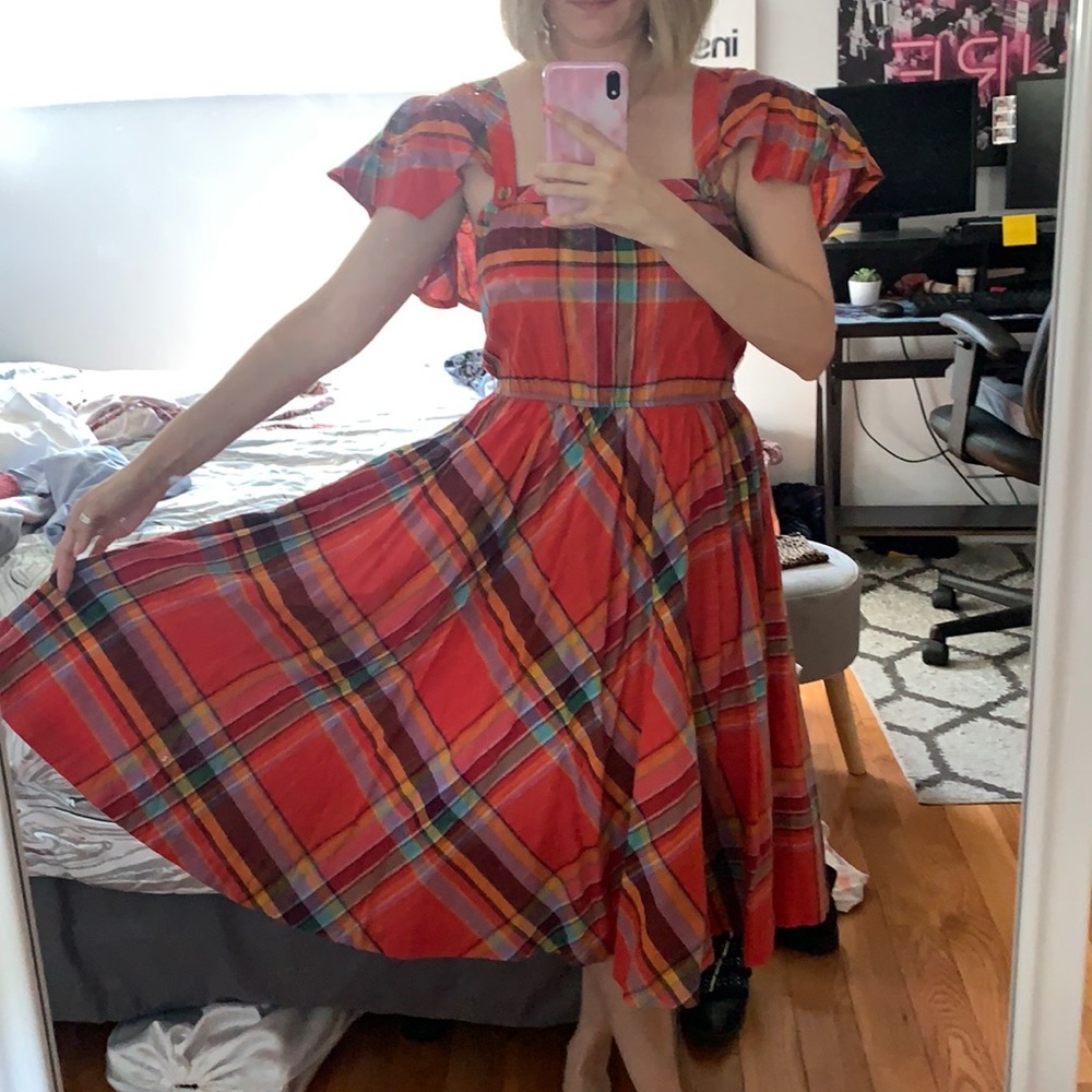 Vintage 80s Flutter Sleeve Plaid Dress